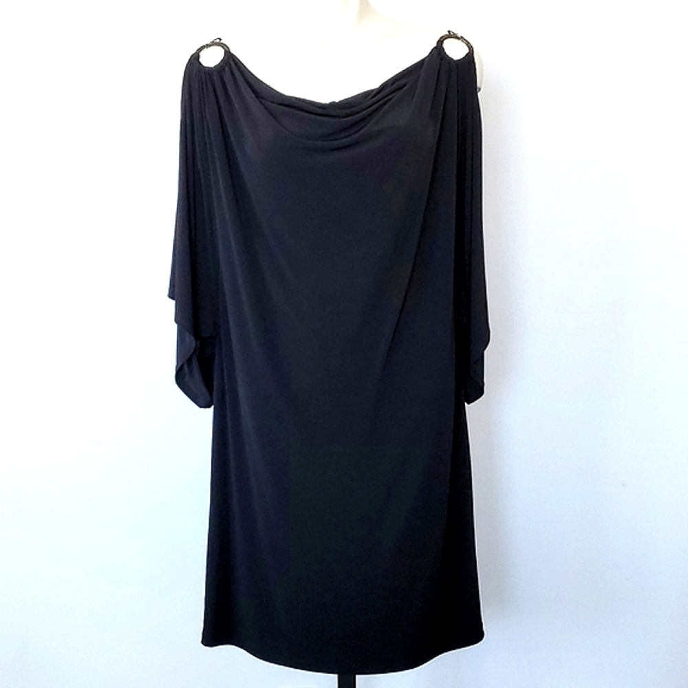 Lori M Black Cold Shoulder Cutout Drape Neckline Wide Sleeve Dress Large